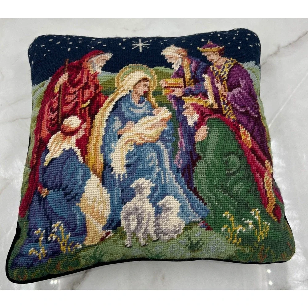 VTG Nativity Scene Needlepoint Pillow Christmas Decor Navy Velvet Back 13x13